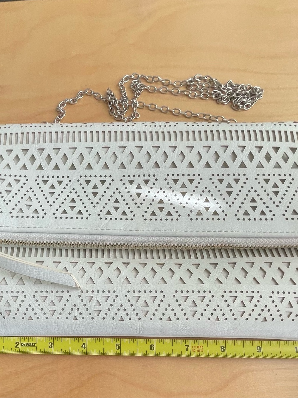 White Laser-Cut Clutch with Silver Chain Strap